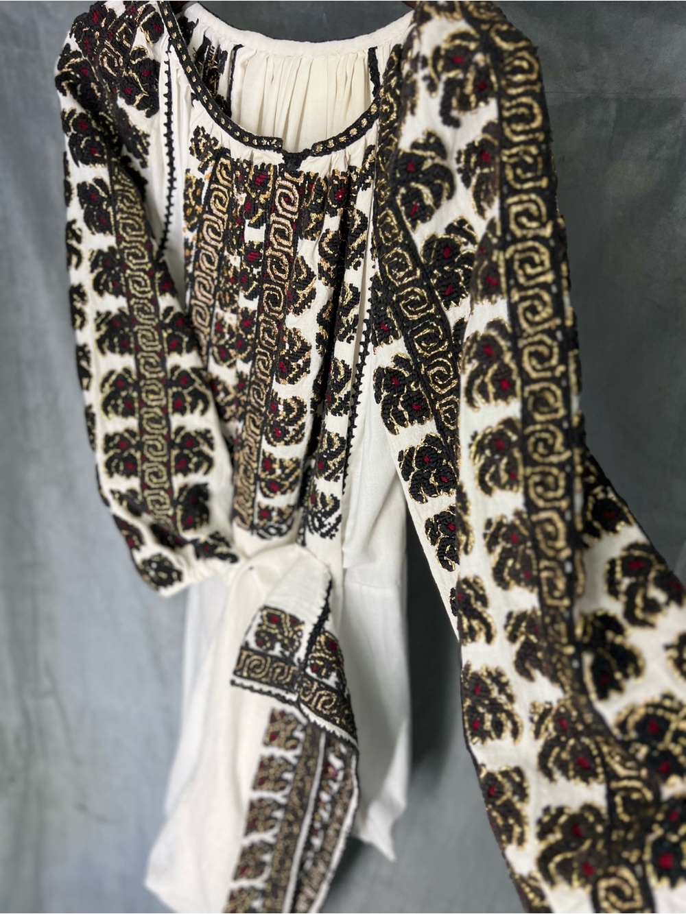 Ie Romania 🇷🇴 Embroidered White Peasant Blouse with Black & Gold Embellishment - Picture 2 of 7